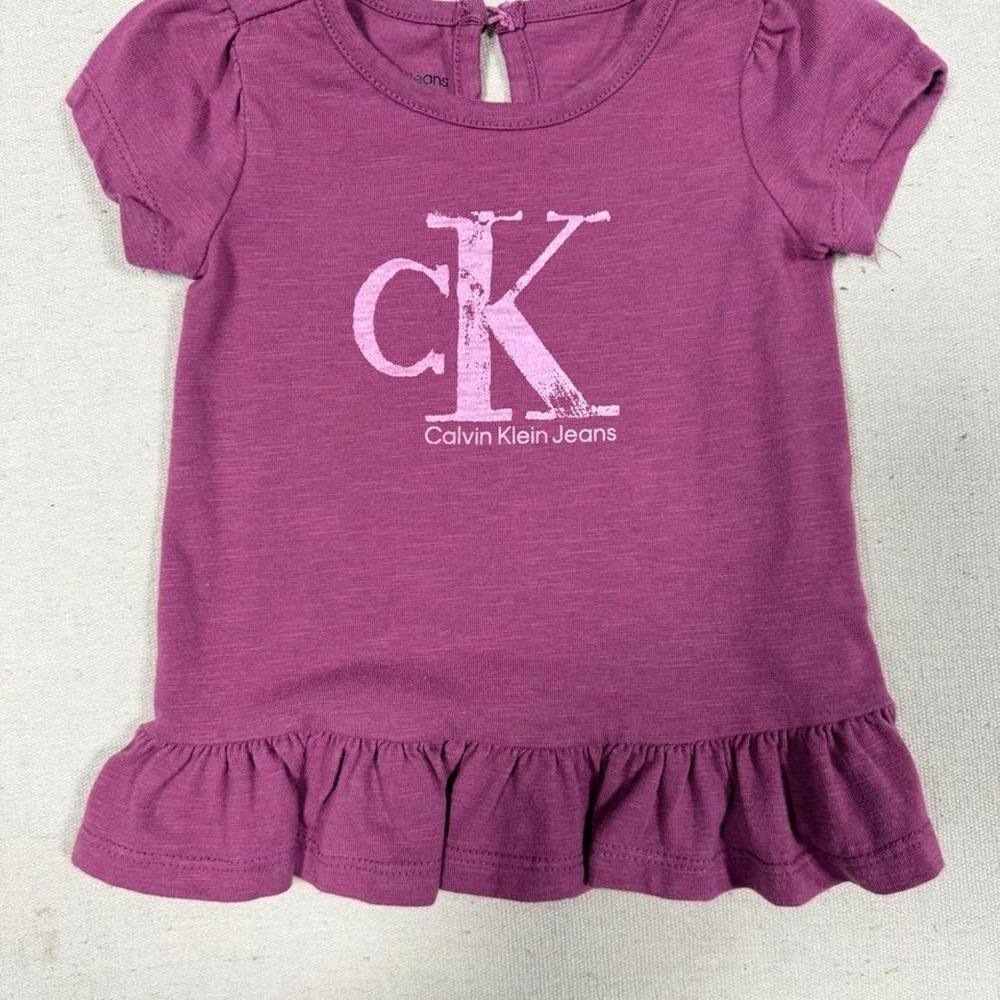 Calvin Klein Jeans Baby Girl 12 Month Purple Pink Logo Ruffle Peplum Top Shirt